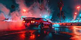 Car drifting on the street at night with smoke coming from tires