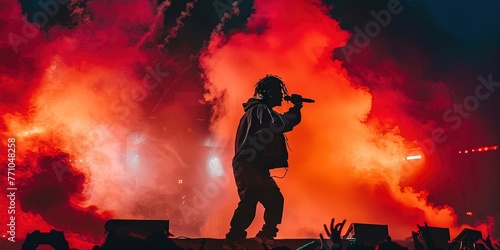 Rapper performing on stage at a summer hip-hop festival. Smoke and colorful lights as the emcee spits on the mic photo