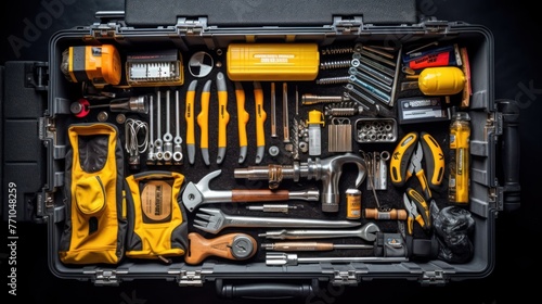 Top view shot of toolbox and various reparement tools on black table top photo