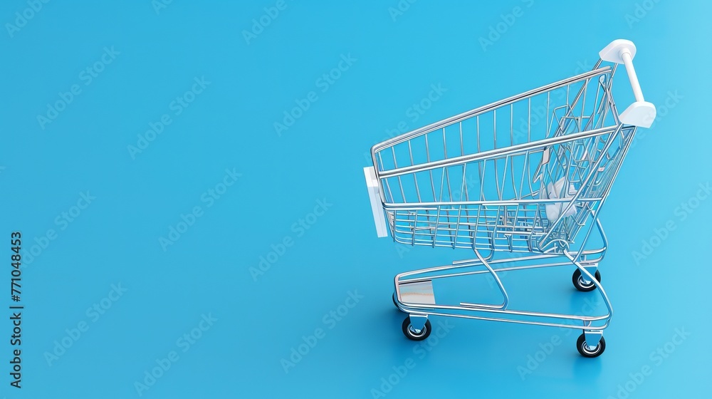 This 3D rendering showcases an empty shopping trolley in a store against a blue background, captured from a top view. This 3D rendering showcases an empty shopping trolley in a store against a blue background, captured from a top view.