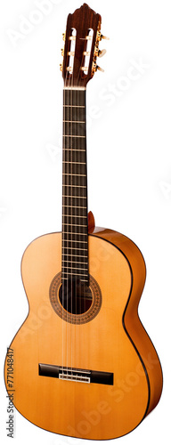 Classical Spanish flamenco guitar close up, dramatically lit isolated on white background with copy space.