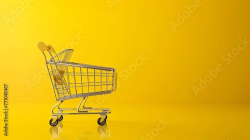 This conceptual banner features a 3D realistic shopping cart against a yellow background in a vector illustration.