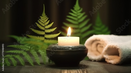 Towel on fern with candles and black hot stone on wooden background. Hot stone massage setting lit by candles.