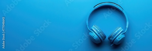 Blue headphones on blue background with copy space