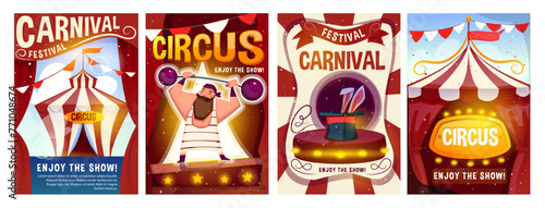 Set of circus show posters. Invitations to carnival or festival with circus tent, magician and stunt performer. Amusement park ticket. Cartoon flat vector illustration isolated on white background