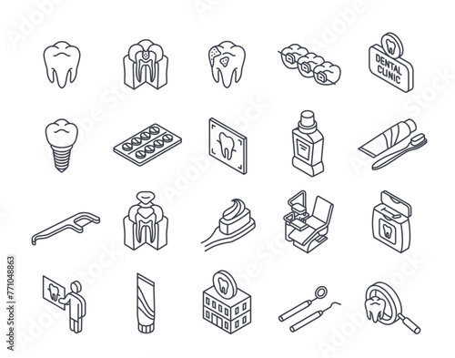 Set of linear dentistry icons. Simple signs with dental crowns, caries, toothbrush, braces, teeth and dentist. Design element for app. Outline isometric vector collection isolated on white background