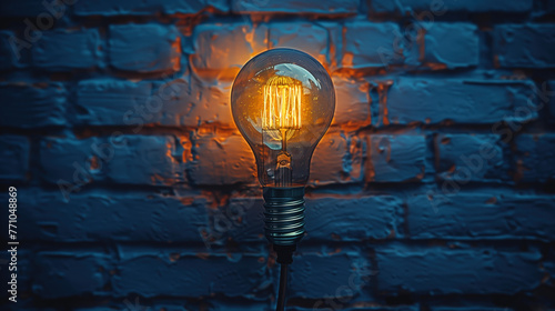 An incandescent light bulb turned on against a brick wall, emitting warm light photo