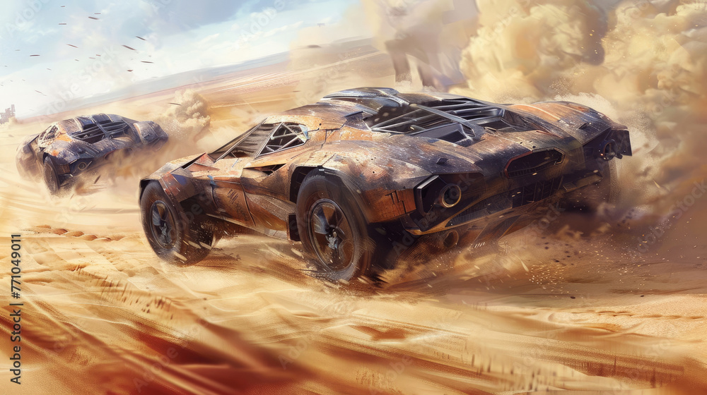 Old cars race at post-apocalyptic times, vintage iron vehicles drive fast on desert like futuristic movie. Concept of fantasy, dystopia, sport, future, apocalypses and illustration - obrazy, fototapety, plakaty 