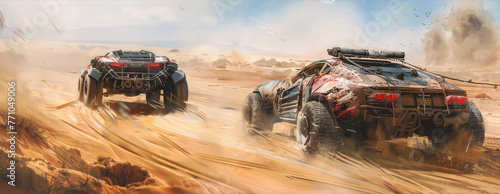 Old cars race at post-apocalyptic times, panoramic view of vintage iron vehicles drive fast on desert like movie. Concept of fantasy, dystopia, sport, steampunk, apocalypses and future