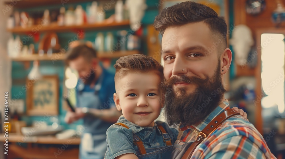 Cute little son and dad in barbershop Cute little son and dad in barbershop