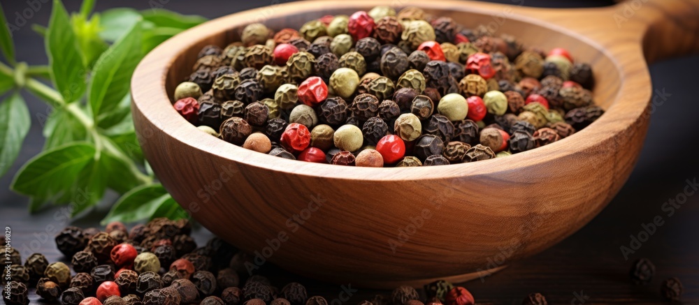A wooden bowl filled with vibrant peppercorns adds a pop of color to the table. This versatile ingredient can elevate any dish with its bold flavors A wooden bowl filled with vibrant peppercorns adds a pop of color to the table. This versatile ingredient can elevate any dish with its bold flavors