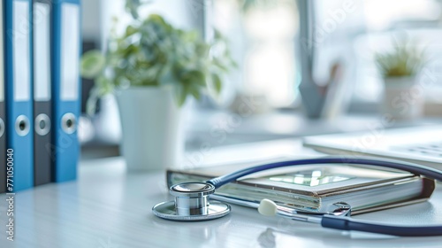 Image A stethoscope and medical books on an office desk, representing health care with blurred background.
