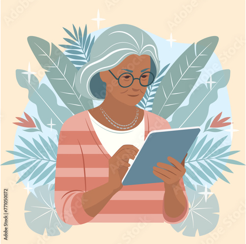 vector mujer anciana usando tableta digital