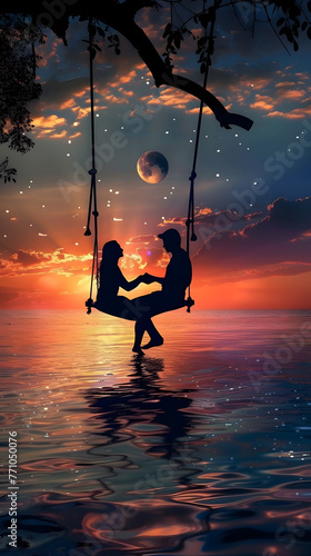 Wallpaper Mural A stunning image capturing a couple on a swing over water with a surreal sunset and moonrise in the background Torontodigital.ca