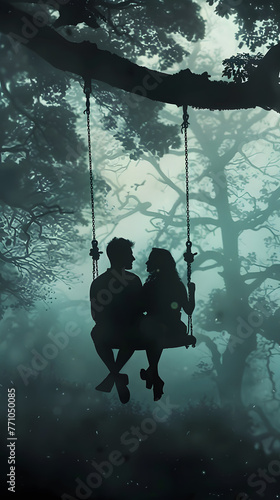 Wallpaper Mural A romantic scene of a couple swinging together with trees and misty atmosphere creating an ethereal mood in the background Torontodigital.ca