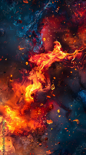 Dynamic visual metaphor of fire and water representing opposing forces with vibrant colors and chaotic movement