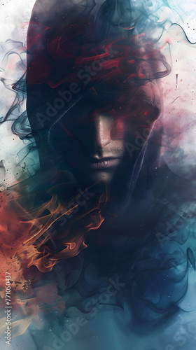 Wallpaper Mural An artistic depiction of a cloaked figure, surrounded by vibrant, dynamic smoke and fire elements that suggest a sense of mystery and intrigue Torontodigital.ca
