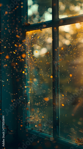 A close-up shot of raindrops on a glass surface, with warm bokeh lights creating a cozy, contemplative atmosphere