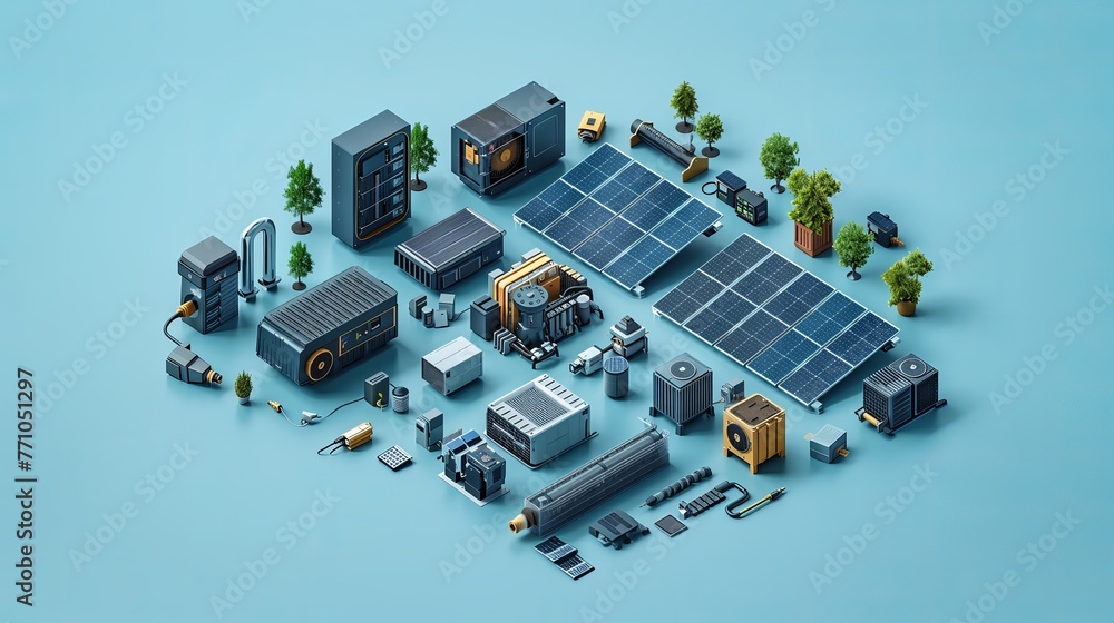 Vector illustration of a solar cell equipment component for solar plant energy in an on-grid inverter system diagram, depicted with isometric perspective. Vector illustration of a solar cell equipment component for solar plant energy in an on-grid inverter system diagram, depicted with isometric perspective.