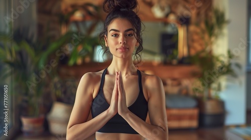 Beautiful girl in a sports bra in a namaste pose doing yoga at home