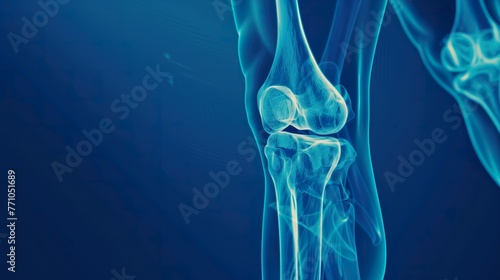 Human knee joint and leg in x-ray on blue background