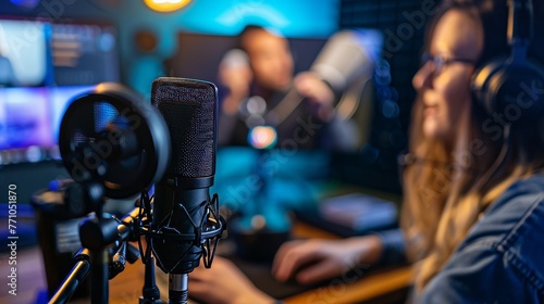 Podcast Guest Arrivals Professional captures of podcast guests arriving at the studio capturing candid moments of anticipation and excitement before  AI generated illustration