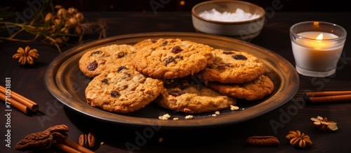 A plate of freshly baked cookies and a glass of cold milk sit on a table, inviting you to indulge in this comforting treat. The perfect combination of baked goods and a classic beverage