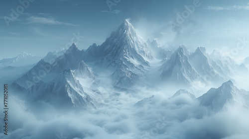 snow-capped mountain peaks shrouded in clouds of fog #771052081