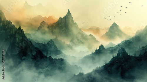 mystical mountain peaks shrouded in mist. The painting is executed in warm pastel colors, reminiscent of Chinese watercolors