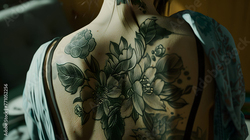 This high-quality image features the intricate details of a floral tattoo covering a woman's back, showcasing the artistry of body ink photo