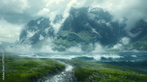 A spectacular wilderness landscape with powerful mountains covered in mist and clouds