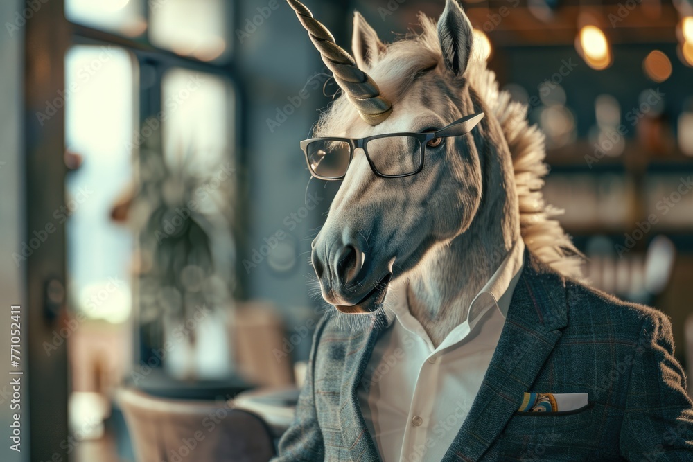 portrait of a unicorn in an office suit. Business, unicorn companies. funny animal