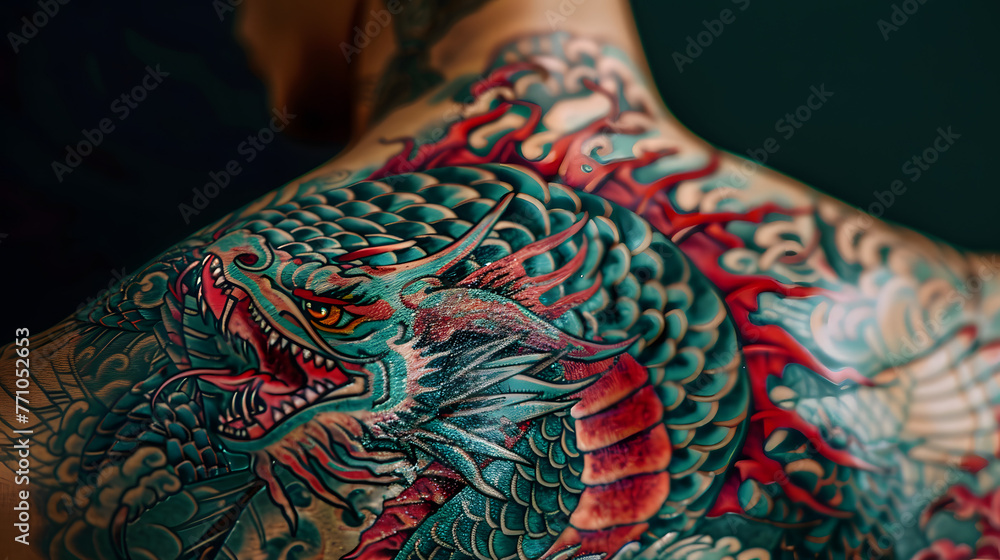 Detailed image of a traditional dragon tattoo with rich, saturated colors wrapped around the arm