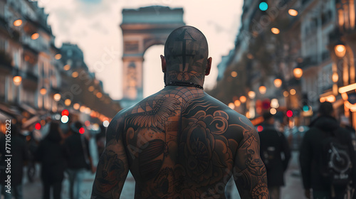 A man covered in intricate tattoos looks on towards the famous French monument, the Arc de Triomphe, blending history and modern body art photo