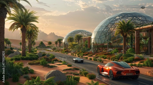 Car driving on a main road in the desert passing by a bio dome in the shape of glass cubes in it, generated with AI
