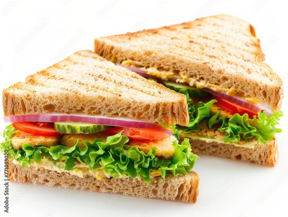 Sandwich with ham and salad, toasted bread, white background, generated with ai Sandwich with ham and salad, toasted bread, white background, generated with ai