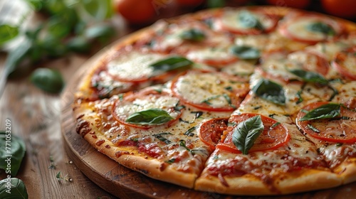 A portrait of a steaming hot, authentic italian margherita pizza, with a thin, blistered crust, fresh tomato sauce, mozzarella cheese, and basil leaves, on a rustic wooden table, generated with AI