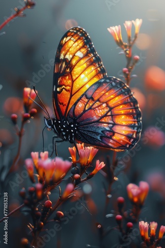 A realistic painting of a monarch butterfly with a blurred out scenery for the backgroundin the art style of baroquestudio lightingrenaissance stylehigh contrast, generate, generated with AI © sch_ai