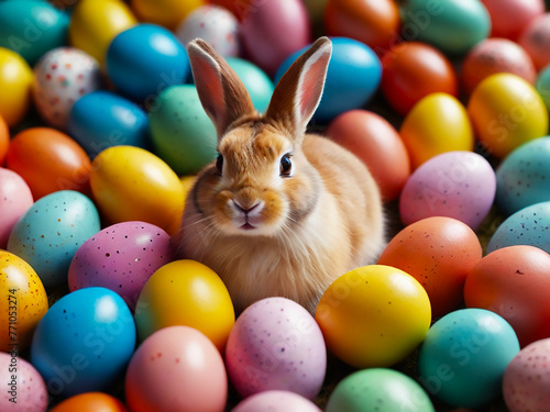 Happy Easter Bunny with many colorful easter eggs © REAL_WORLD