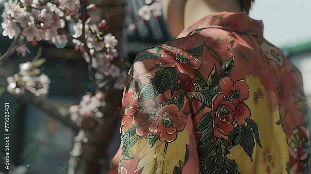 A visually striking photograph of a dazzling pink kimono with a detailed red flower tattoo-inspired print design
