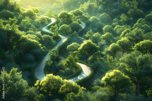 Aerial view of a curved road going through a forest photo