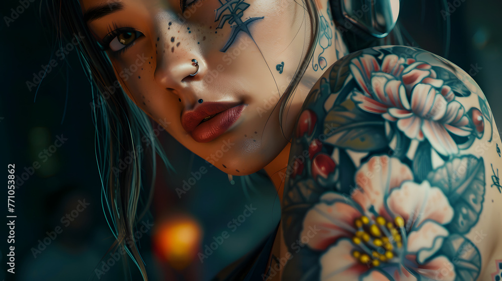 Detailed close-up of a person's arm with a colorful tattoo, showcasing intricate flower designs and artistry Detailed close-up of a person's arm with a colorful tattoo, showcasing intricate flower designs and artistry