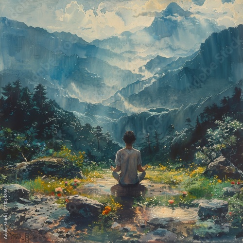 An asian man  meditating in the mountains  with a beautiful view  generated with ai