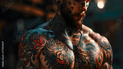 A dynamic and bold multicolored body tattoo presents a statement of self-expression and artistry