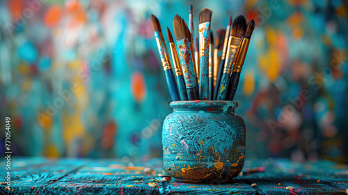 A set of various art brushes, standing in an old ceramic pot on a working art table photo