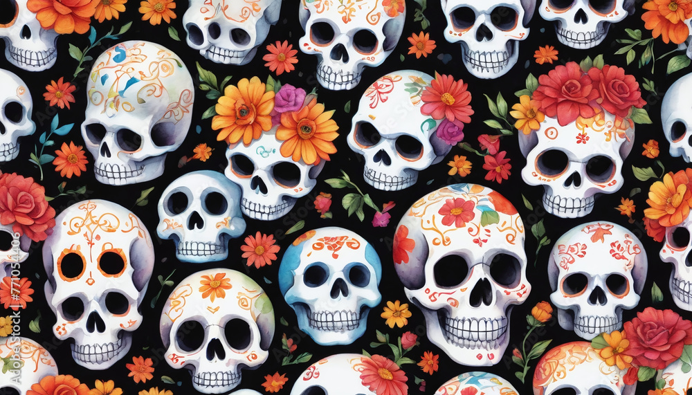 Painted Skulls And Flowers Pattern For Dia De Los Muertos Painted Skulls And Flowers Pattern For Dia De Los Muertos