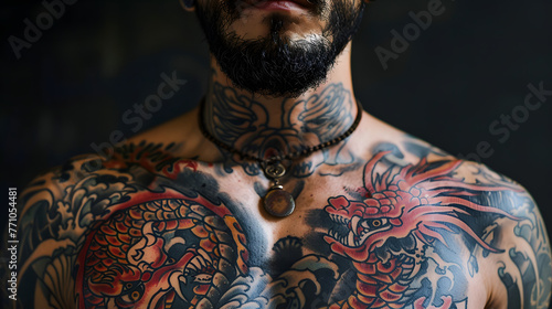 Focusing closely on the chest, this image shows vibrant, colorful traditional tattoos with an intricate bird and floral design