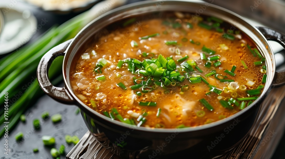 Steaming bowl of miso soup with finely chopped green onions. Asian cuisine. Menu, magazine, cookbook photo Steaming bowl of miso soup with finely chopped green onions. Asian cuisine. Menu, magazine, cookbook photo