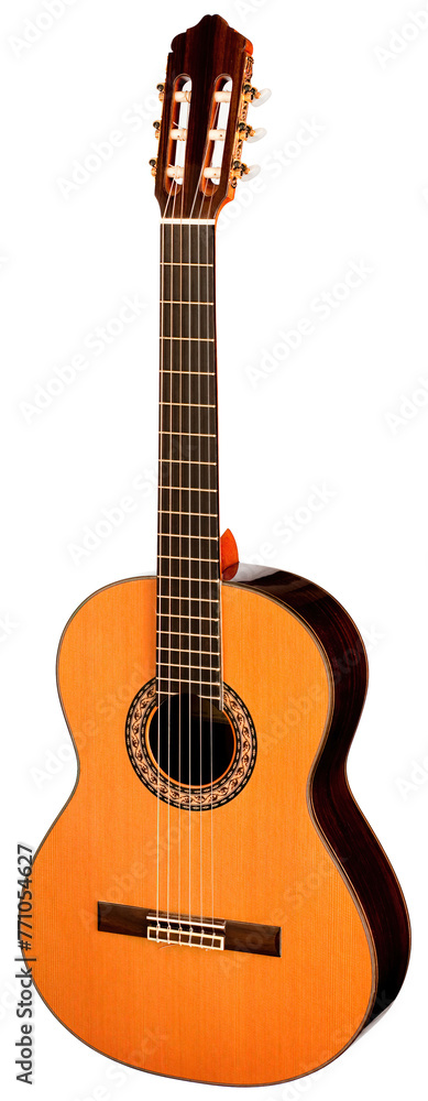 Obraz premium Classical Spanish flamenco guitar close up, dramatically lit isolated on white background with copy space.
