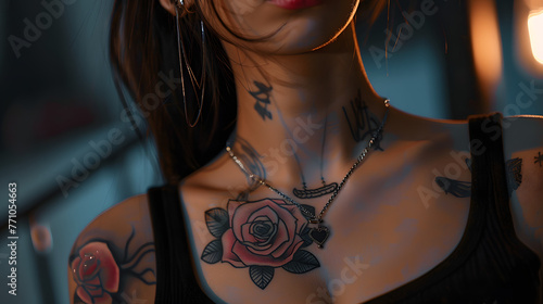 Close-up of a young woman showcasing her rose tattoo and various silver jewelry, giving off a rebel vibe